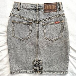 Vintage Jordache Jean Pencil Skirt Juniors 9/10 Acid Wash Gray Denim Bows Back